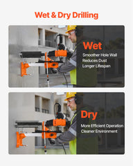 Diamond Core Drilling Machine, 200 mm Drilling Diameter, 2-in-1 Handheld & Stand-Mount Dry and Wet Concrete Core Drill Rig with 4 Bits, 1000/2250 RPM 2-Speed, for Concrete Brick Stone, 1500W