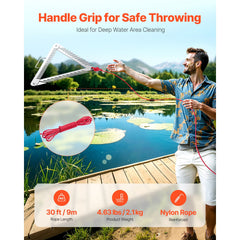 24in Aquatic Weed Rake, 3-Sided Lake Weed Rake with Handle, Portable and Foldable Pond Water Grass Razor, Stainless Steel Throwable Floating Pond Weeds Cutter with 30 ft Rope, for Lakes Ponds