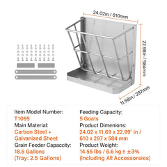 Goat Hay Feeder, 21 Gallons Large Capacity, 2 in 1 Hay and Grain Feeder, Wall Mounted Livestock Feeder with Feed Tray, Multiple Sided Goat Hay Rack, Sturdy Steel Hay Rack for Sheep Horses