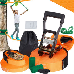 Slackline Kit with Training Line, 18.3m Backyard Slack Line Equipment, Easy Setup Tight Rope for Kids Adults, Complete Slackline Set with Tree Protectors, Arm Trainer, Carry Bag, and Instruction