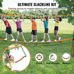 Slackline Kit with Training Line, 18.3m Backyard Slack Line Equipment, Easy Setup Tight Rope for Kids Adults, Complete Slackline Set with Tree Protectors, Arm Trainer, Carry Bag, and Instruction