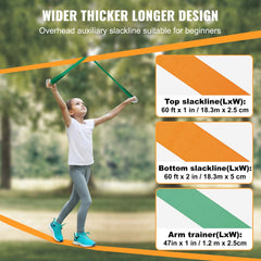Slackline Kit with Training Line, 18.3m Backyard Slack Line Equipment, Easy Setup Tight Rope for Kids Adults, Complete Slackline Set with Tree Protectors, Arm Trainer, Carry Bag, and Instruction