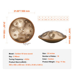Handpan Drum 22 in 10 Notes D Minor Hand Drum Instrument with Mallet