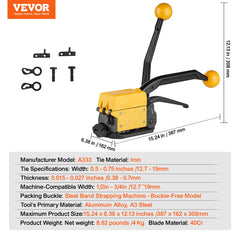 VEVOR Steel Strapping Tool for 13-19 mm Width, 3-in-1 (Tensioner, Crimper, Cutter) Manual Belt Packaging Banding Machine Packaging Metal Steel Strapping Banding Tool Machine for Stainless Steel Strap