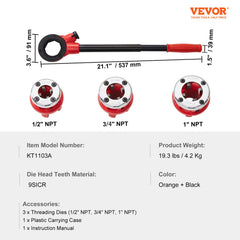 Ratchet Pipe Threader Kit, 1/2" NPT, 3/4" NPT, 1" NPT Manual Ratcheting Pipe Threader, Portable Pipe Threading Tool Set with 3PCS NPT Dies, Storage Case for Galvanized Aluminum Iron Copper Pipes