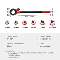 Ratchet Pipe Threader Kit, 1/4" NPT - 1-1/4" NPT Manual Ratcheting Pipe Threader, Portable Pipe Threading Tool Set with 6PCS NPT Dies, Storage Case for Galvanized Aluminum Iron Copper Pipes
