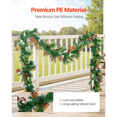 Christmas Garland, 2750mm Artificial Christmas Garland with Light String, Faux Greenery Decoration with Berry Clusters, Pine Needles, Pine Cones, Realistic Xmas Collection for Mantel Fireplace