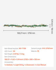 VEVOR Christmas Garland, 2750mm Artificial Christmas Garland with Light String, Faux Greenery Decoration with Berry Clusters, Pine Needles, Pine Cones, Realistic Xmas Collection for Mantel Fireplace