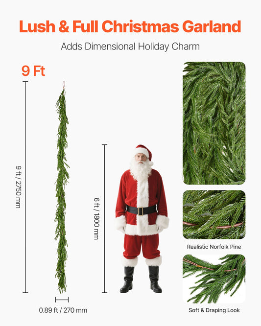 VEVOR Christmas Garland, 2750 mm Realistic Norfolk Pine Garland, Evergreen Real Touch Artificial Faux Greenery Garlands, for Holiday Indoor Outdoor Xmas Decoration on Table, Mantel, and Fireplace
