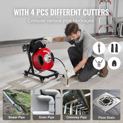 Drain Cleaner Machine 50FT x 1/2 Inch Manual Feed Snake Auger with Wheels