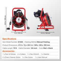 Drain Cleaner Machine Drain Auger 75FT x 3/8 Inch Manual Feed & 4 Cutters