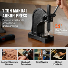 Arbor Press, 1 Ton Manual Arbor Press, 5.9" Maximum Height, Cast Iron Heavy-duty Manual Desktop Arbor Press, Precision Hand Press for Stamping, Bending, Stretching, Forming