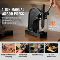 Arbor Press, 1 Ton Manual Arbor Press, 5.9" Maximum Height, Cast Iron Heavy-duty Manual Desktop Arbor Press, Precision Hand Press for Stamping, Bending, Stretching, Forming