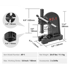 Arbor Press, 1 Ton Manual Arbor Press, 5.9" Maximum Height, Cast Iron Heavy-duty Manual Desktop Arbor Press, Precision Hand Press for Stamping, Bending, Stretching, Forming