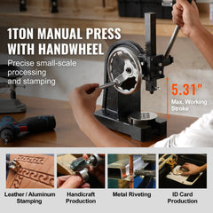 Arbor Press, 1 Ton Manual Arbor Press with Handwheel, 15cm Maximum Height, Cast Iron Heavy-duty Manual Desktop Arbor Press, Precision Hand Press for Stamping, Bending, Stretching, Forming