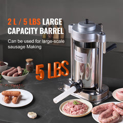 Manual Sausage Stuffer, 2 L / 5 LBS Vertical Sausage Machine with G-type Clamp, Food-Grade 304 Stainless Steel Barrel with 2 Stuffing Tubes, for Home Kitchen Restaurant Commercial