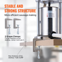 Manual Sausage Stuffer, 2 L / 5 LBS Vertical Sausage Machine with G-type Clamp, Food-Grade 304 Stainless Steel Barrel with 2 Stuffing Tubes, for Home Kitchen Restaurant Commercial