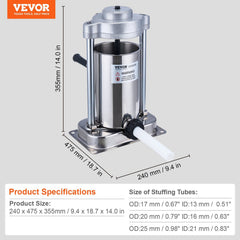 Manual Sausage Stuffer, 2 L / 5 LBS Vertical Sausage Machine with G-type Clamp, Food-Grade 304 Stainless Steel Barrel with 2 Stuffing Tubes, for Home Kitchen Restaurant Commercial