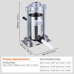 Manual Sausage Stuffer, 2 L / 5 LBS Vertical Sausage Machine with G-type Clamp, Food-Grade 304 Stainless Steel Barrel with 2 Stuffing Tubes, for Home Kitchen Restaurant Commercial