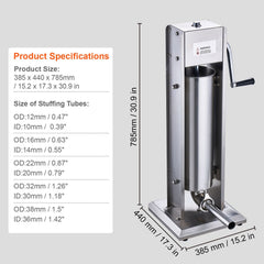 Manual Sausage Stuffer, 7 L / 15 LBS Vertical Sausage Machine, Dual-Speed Meat Stuffer, Made of Food-Grade 304 Stainless Steel, Includes 5 Stuffing Tubes, for Home Kitchen Restaurant Commercial