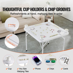 Mahjong Table, Square 4 Player Folding Card Table with 4 Cup Holders & 4 Chip Trays, Portable Domino Game Table with 1 Set of Dominoes for Mahjong Poker Puzzles, 90 x 90-inch, White