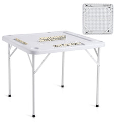 Mahjong Table, Square 4 Player Folding Card Table with 4 Cup Holders & 4 Chip Trays, Portable Domino Game Table with 1 Set of Dominoes for Mahjong Poker Puzzles, 90 x 90-inch, White