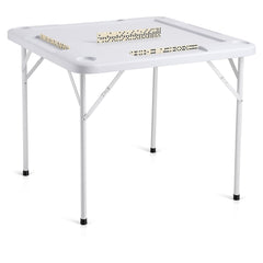 Mahjong Table, Square 4 Player Folding Card Table with 4 Cup Holders & 4 Chip Trays, Portable Domino Game Table with 1 Set of Dominoes for Mahjong Poker Puzzles, 90 x 90-inch, White