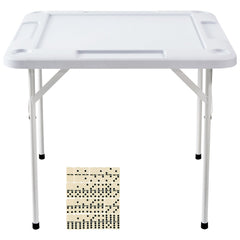 Mahjong Table, Square 4 Player Folding Card Table with 4 Cup Holders & 4 Chip Trays, Portable Domino Game Table with 1 Set of Dominoes for Mahjong Poker Puzzles, 90 x 90-inch, White