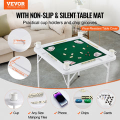 Mahjong Table, 4 Player Folding Domino Table with Wear-Resistant Green Tabletop, Portable Square Card Table with 4 Cup Holders & 4 Chip Trays for Mahjong Poker Puzzles, 90 x90-inch