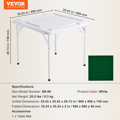 Mahjong Table, 4 Player Folding Domino Table with Wear-Resistant Green Tabletop, Portable Square Card Table with 4 Cup Holders & 4 Chip Trays for Mahjong Poker Puzzles, 90 x90-inch