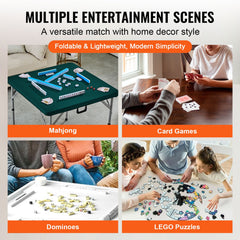Mahjong Table, Fold-in-Half 4 Player Card Table with Wear-Resistant Green Tabletop, Portable Bi-Folding Square Domino Table with Carrying Handle for Outdoor Camping Picnic Party, 90 x90-inch