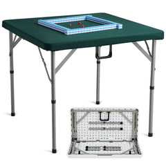 Mahjong Table with Mahjong Tiles Set, Fold-in-Half 4 Player Card Table with 144PCS Majiang Tiles and 3 Dice, Portable Bi-Folding Domino Table with Wear-Resistant Green Tabletop & Carrying Handle