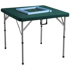 Mahjong Table with Mahjong Tiles Set, Fold-in-Half 4 Player Card Table with 144PCS Majiang Tiles and 3 Dice, Portable Bi-Folding Domino Table with Wear-Resistant Green Tabletop & Carrying Handle