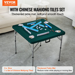 Mahjong Table with Mahjong Tiles Set, Fold-in-Half 4 Player Card Table with 144PCS Majiang Tiles and 3 Dice, Portable Bi-Folding Domino Table with Wear-Resistant Green Tabletop & Carrying Handle