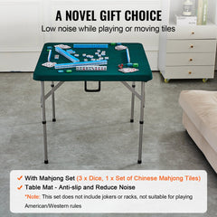 Mahjong Table with Mahjong Tiles Set, Fold-in-Half 4 Player Card Table with 144PCS Majiang Tiles and 3 Dice, Portable Bi-Folding Domino Table with Wear-Resistant Green Tabletop & Carrying Handle