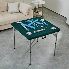 Mahjong Table with Mahjong Tiles Set, Fold-in-Half 4 Player Card Table with 144PCS Majiang Tiles and 3 Dice, Portable Bi-Folding Domino Table with Wear-Resistant Green Tabletop & Carrying Handle
