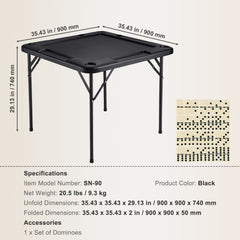 Mahjong Table, Square 4 Player Folding Card Table with 4 Cup Holders & 4 Chip Trays, Portable Domino Game Table with 1 Set of Dominoes for Mahjong Poke Puzzles, 90 x 90-inch, Black