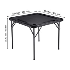 Mahjong Table, Square 4 Player Folding Card Table with 4 Cup Holders & 4 Chip Trays, Portable Domino Game Table with 1 Set of Dominoes for Mahjong Poke Puzzles, 90 x 90-inch, Black