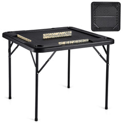 Mahjong Table, Square 4 Player Folding Card Table with 4 Cup Holders & 4 Chip Trays, Portable Domino Game Table with 1 Set of Dominoes for Mahjong Poke Puzzles, 90 x 90-inch, Black