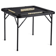 Mahjong Table, Square 4 Player Folding Card Table with 4 Cup Holders & 4 Chip Trays, Portable Domino Game Table with 1 Set of Dominoes for Mahjong Poke Puzzles, 90 x 90-inch, Black