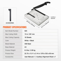 Paper Cutter, Guillotine Trimmer, 381 mm Cut Length, 16 Sheets Capacity, Heavy Duty Guillotine Paper Cutter with Guard Rail/Blade Lock for Cardstock/Cardboard, Paper Trimmer for Home Office