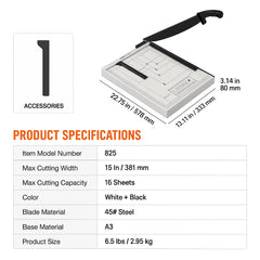 Paper Cutter, Guillotine Trimmer, 381 mm Cut Length, 16 Sheets Capacity, Heavy Duty Guillotine Paper Cutter with Guard Rail/Blade Lock for Cardstock/Cardboard, Paper Trimmer for Home Office