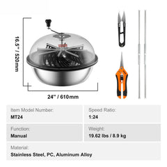 Leaf Bowl Trimmer, 24'' Trimmer Bowl, Manual Bud Trimmer with Stainless-Steel Blades for Twisted Spin Cut, Clear Visibility Dome and Hand Pruner Included, for Cutting Leaves, Buds, Flowers