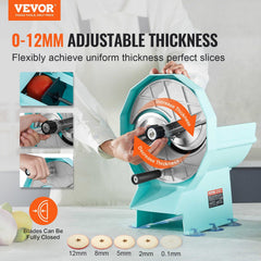 Manual Vegetable Fruit Slicer, 0-0.5"/0-12mm Thickness Adjustable Commercial Slicer Machine, Double Feed Ports, Stainless Steel Blade Food Cutter Slicing Machine for Cucumber, Lemon, Tomato