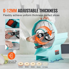 Manual Vegetable Fruit Slicer, 0-0.5"/0-12mm Thickness Adjustable Commercial Slicer Machine, Double Feed Ports, Stainless Steel Blade Food Cutter Slicing Machine for Cucumber, Lemon, Tomato