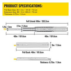 Drawer Slides with Lock, 1 Pair 40 inch, Heavy-Duty Industrial Steel up to 500 lbs Capacity, 3-Fold Full Extension, Ball Bearing Lock-in & Lock-Out, Side Mount