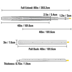 Drawer Slides with Lock, 1 Pair 40 inch, Heavy-Duty Industrial Steel up to 500 lbs Capacity, 3-Fold Full Extension, Ball Bearing Lock-in & Lock-Out, Side Mount