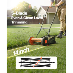 Push Reel Lawn Mower 35 cm, 5 Blades Manual Push Mower No Motor, 15-45 mm Adjustable Cutting Height, Walk-Behind Lawn Mowers with Grass Catcher Bag for Green Lawns, Driveways, Courtyards