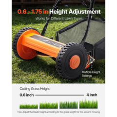 Push Reel Lawn Mower 35 cm, 5 Blades Manual Push Mower No Motor, 15-45 mm Adjustable Cutting Height, Walk-Behind Lawn Mowers with Grass Catcher Bag for Green Lawns, Driveways, Courtyards
