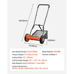 Push Reel Lawn Mower 35 cm, 5 Blades Manual Push Mower No Motor, 15-45 mm Adjustable Cutting Height, Walk-Behind Lawn Mowers with Grass Catcher Bag for Green Lawns, Driveways, Courtyards